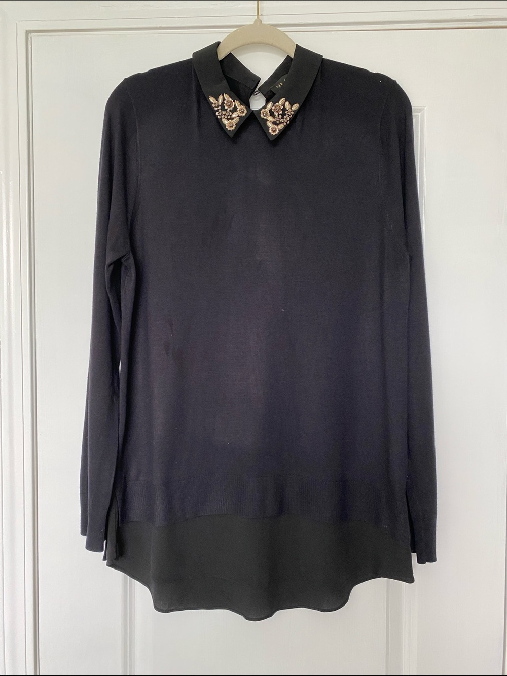 Ted Baker Black Long-Sleeve Top with Jeweled Collar
